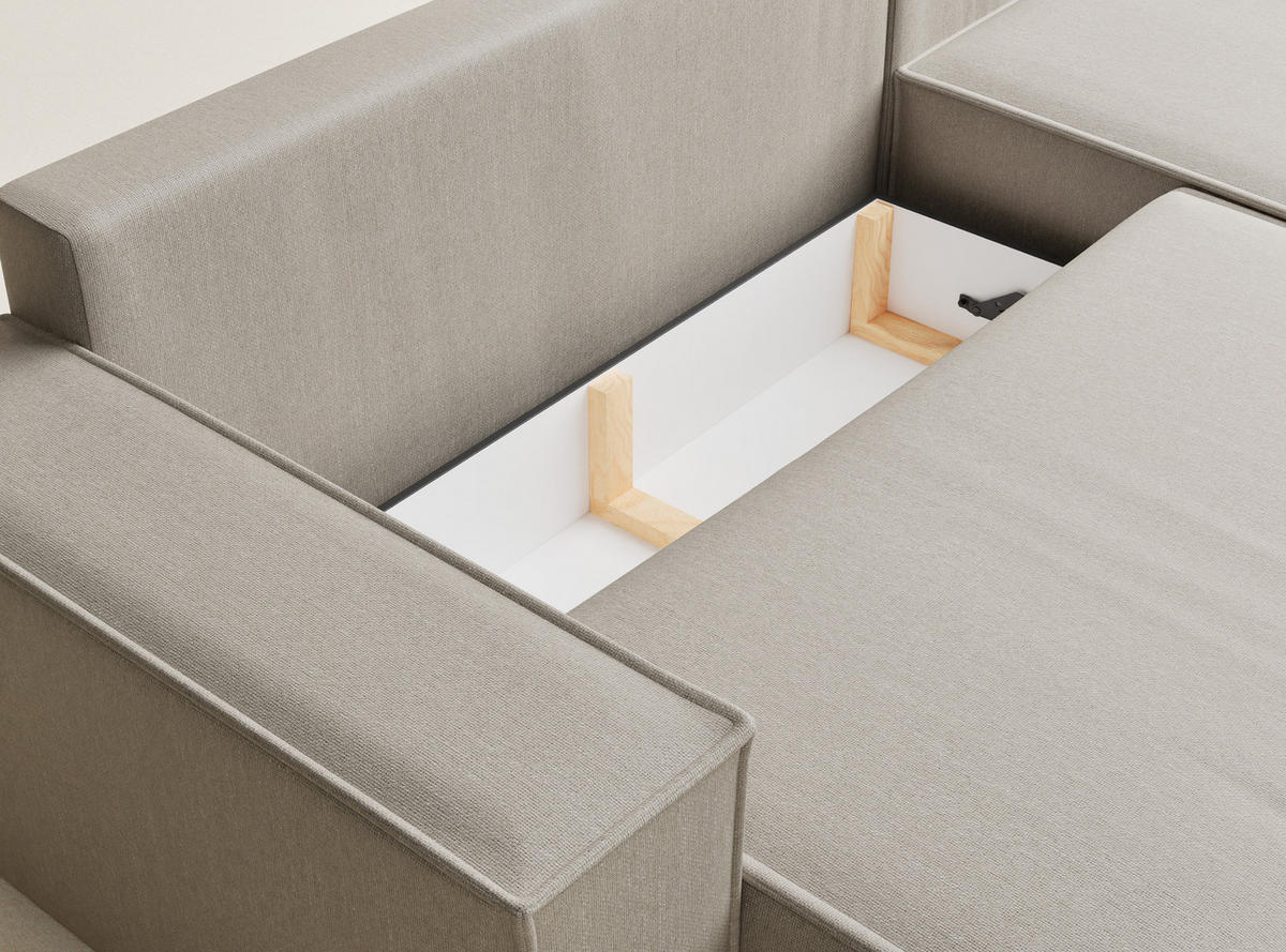 ECKSOFA MIT SCHLAFFUNKTION Maze Beige Webstoff - Beige/Schwarz, Holz/Holzwerkstoff (294/185cm) - Maison de Reve