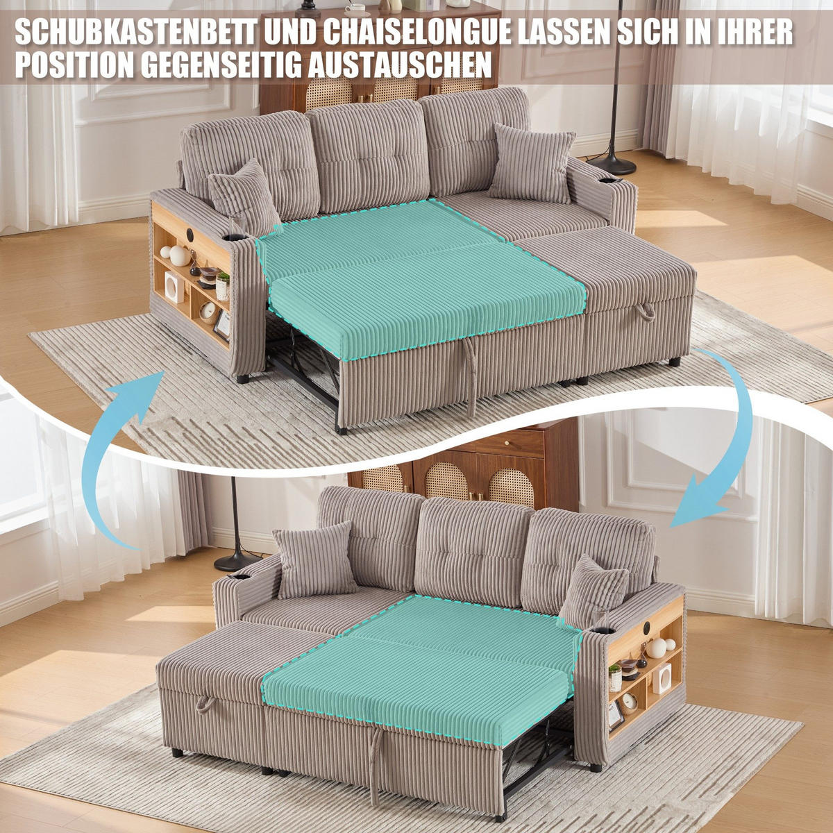 SCHLAFSOFA 3-er Sofa mit Schlaffunktion,Aufbewahrungshocker,Cord,Hellgrau - Hellgrau, Textil (196/85/119cm) - LVHOM