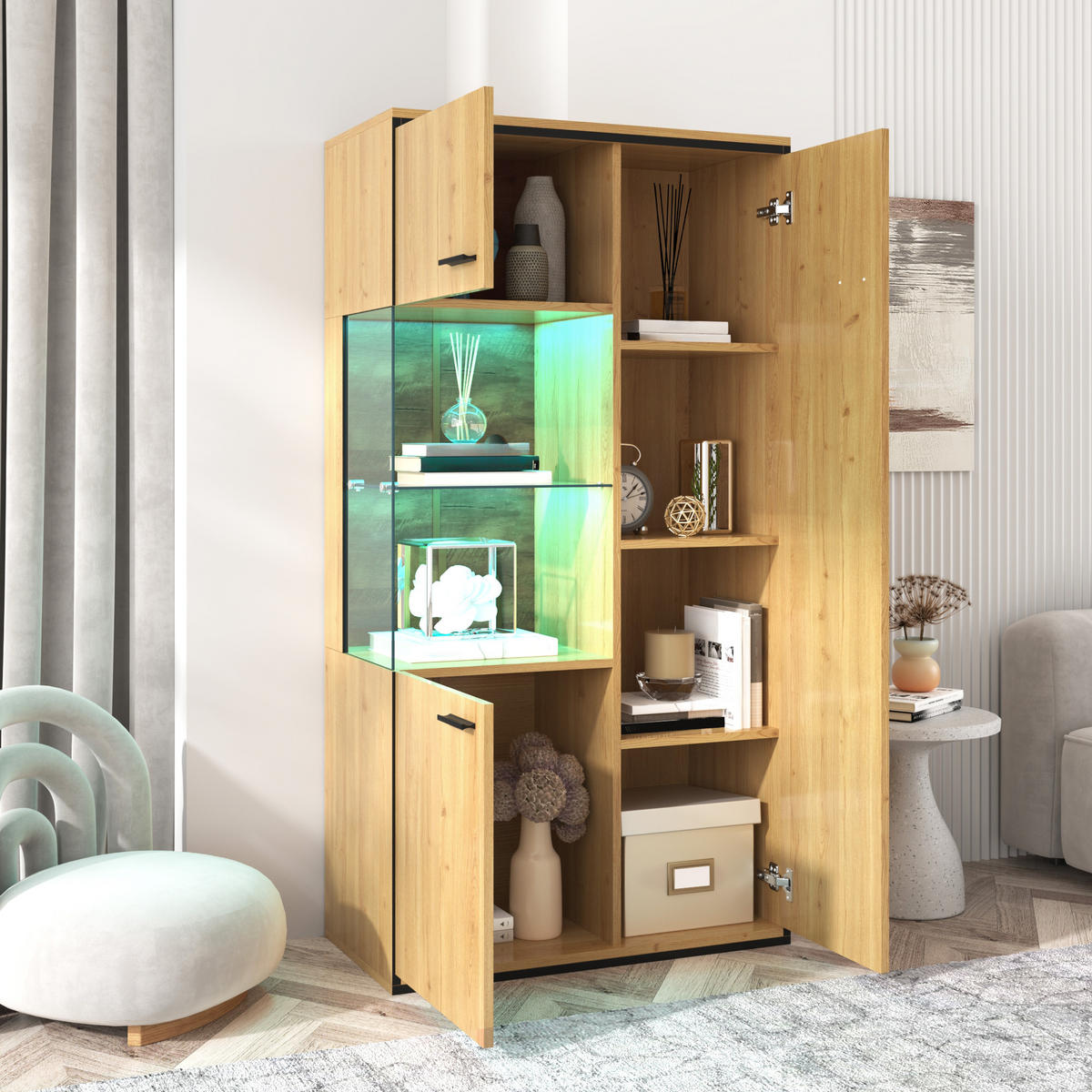 VITRINE LED Glastür 150cm Stauraum Glasboden modern - Naturfarben, Holzwerkstoff (40/150/77.5cm) - FLIEKS