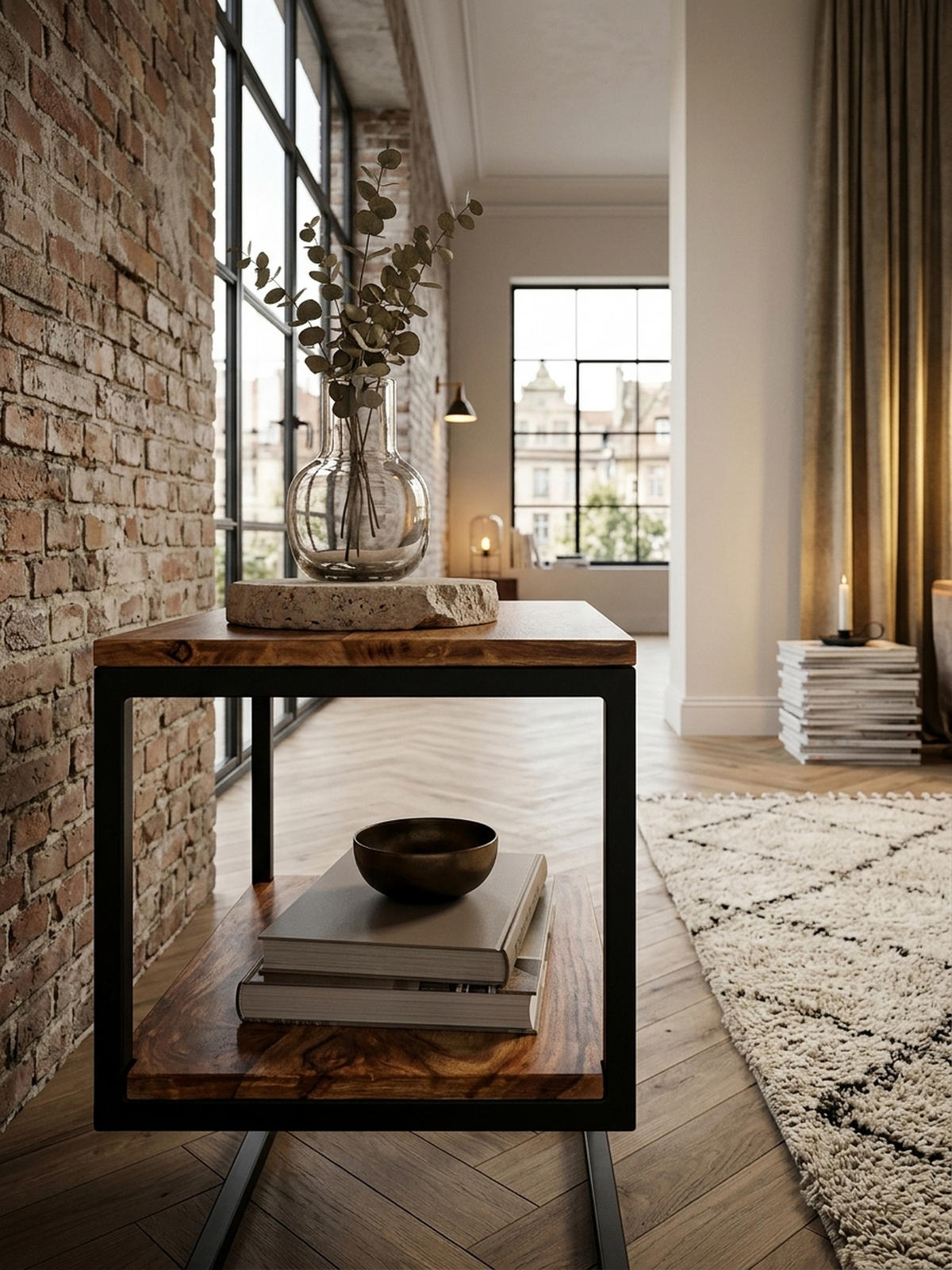 BEISTELLTISCH Massivholz S-Design Metallgestell Ablageflächen INDI, Braun 45x30x60 cm - Schwarz/Braun, Holz/Metall (30/45/60cm) - KADIMA DESIGN