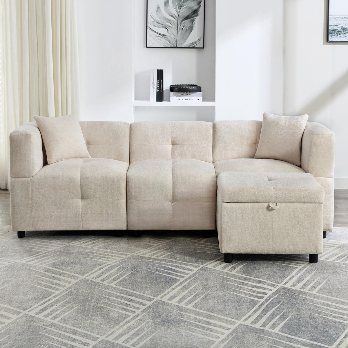 3-SITZER Ecksofa Chenille mit Stauraum-Fußhocker und 2 Kissen 204/126/69 cm Beige - Beige, Kunststoff/Textil (126/204cm) - Redom