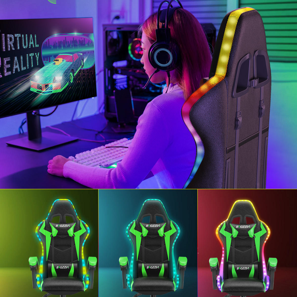 LED GAMING SZÉK Fekete-Zöld,Állítható Magasság,Deréktámasz,Fejtámasz - zelena, koža (53.5/117/54cm) - Rattantree