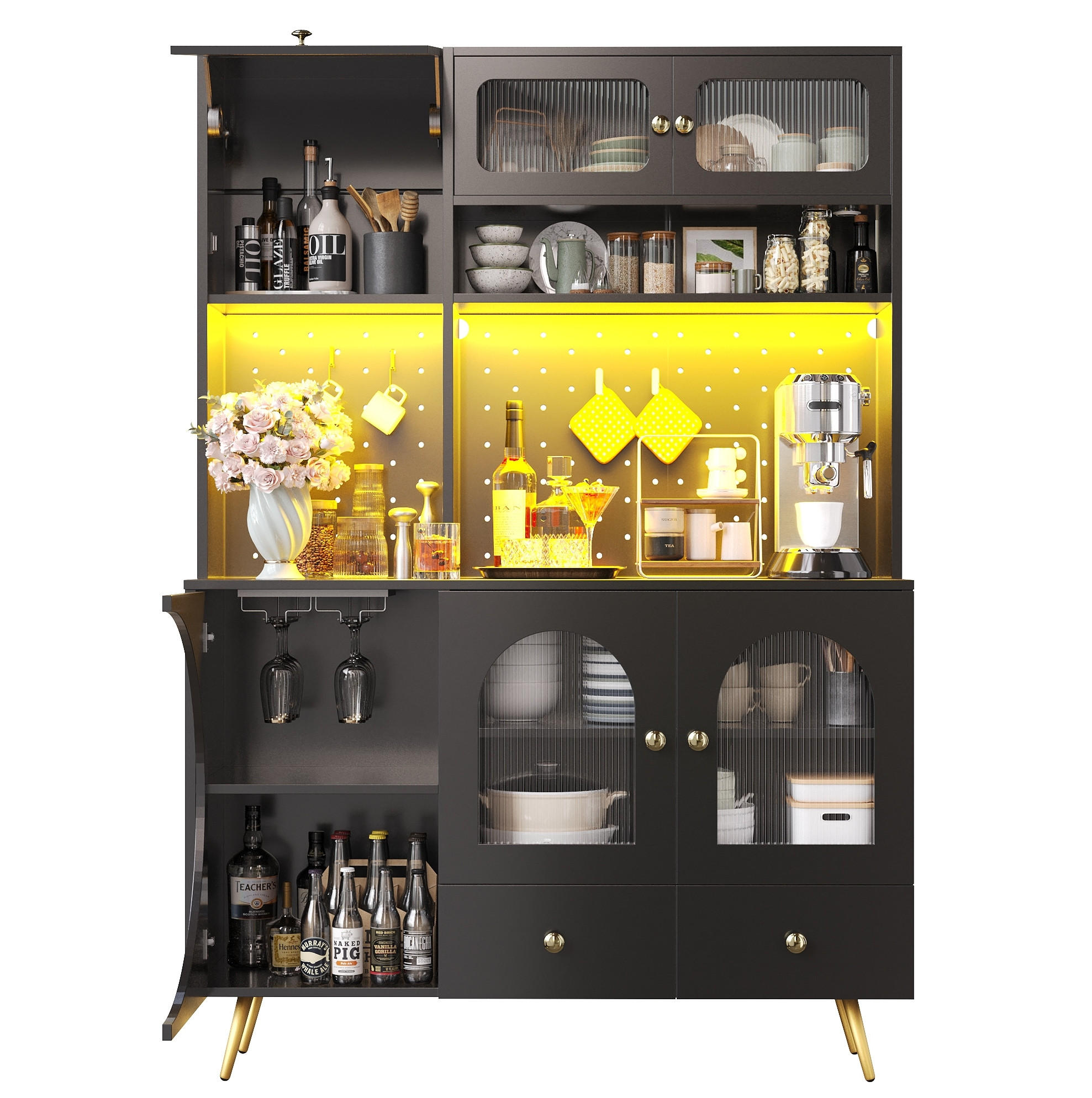 ANRICHTE 120/40/176 cm in Schwarz mit LED-Beleuchtung und USB-Anschlüssen - Schwarz, Holzwerkstoff (120/176/40cm) - Flora Grace