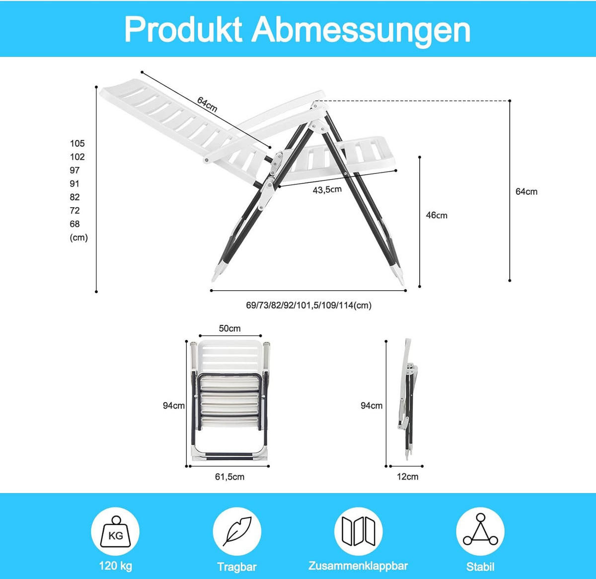 GARTENSTUHL Weiß - Weiß, Kunststoff (69/105/62cm) - COSTWAY