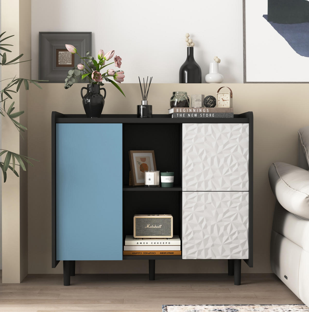 BOČNÍ skříň 40/90/80 cm černá a modrá z MDF se 2 zásuvkami a otevřeným úložným prostorem - černá, kompozitní dřevo (90/80/40cm) - OKWISH