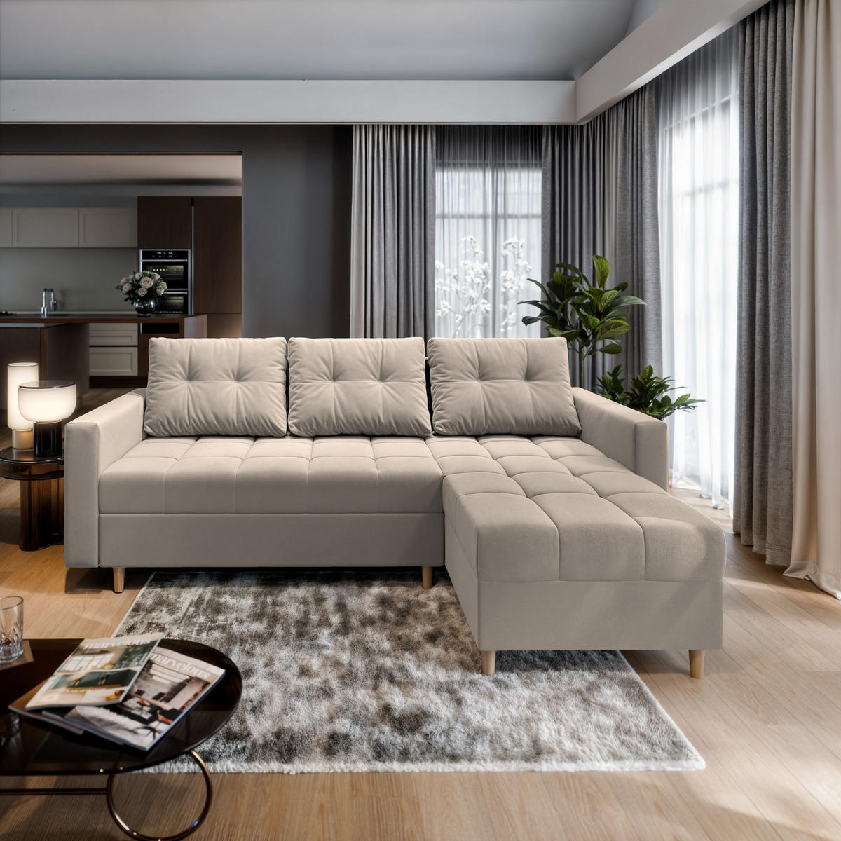 ECKSOFA MILO L Beige Plüsch-Stoff mit Schlaffunktion - Beige, Holz (220/140cm) - MASSENO