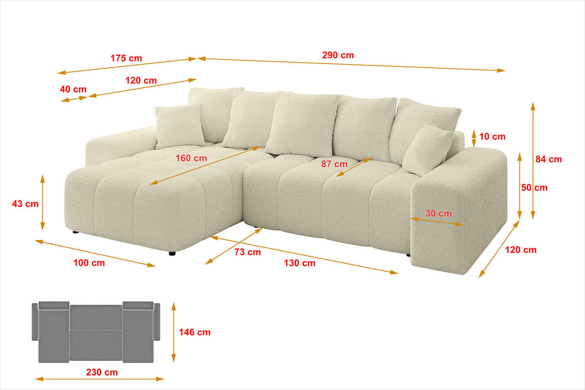 ECKSOFA Ottomane links/rechts ENIL-L 290x175x84 Beige Bouclé - Beige, Holzwerkstoff/Kunststoff (290/175cm) - ALTDECOR