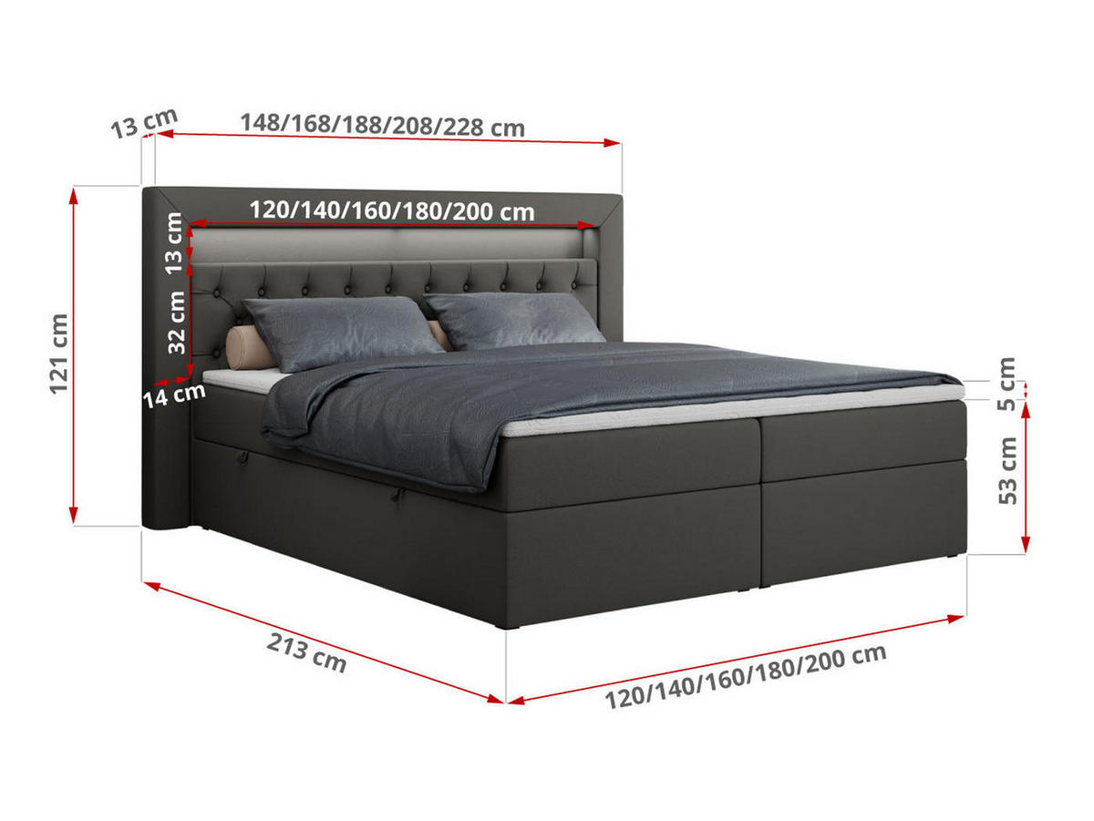 BOXBETT GOLD-6 LED 120/200 Dunkelgrau Kunstleder - H3 - Dunkelgrau, Holz/Textil (120/200cm) - MKS