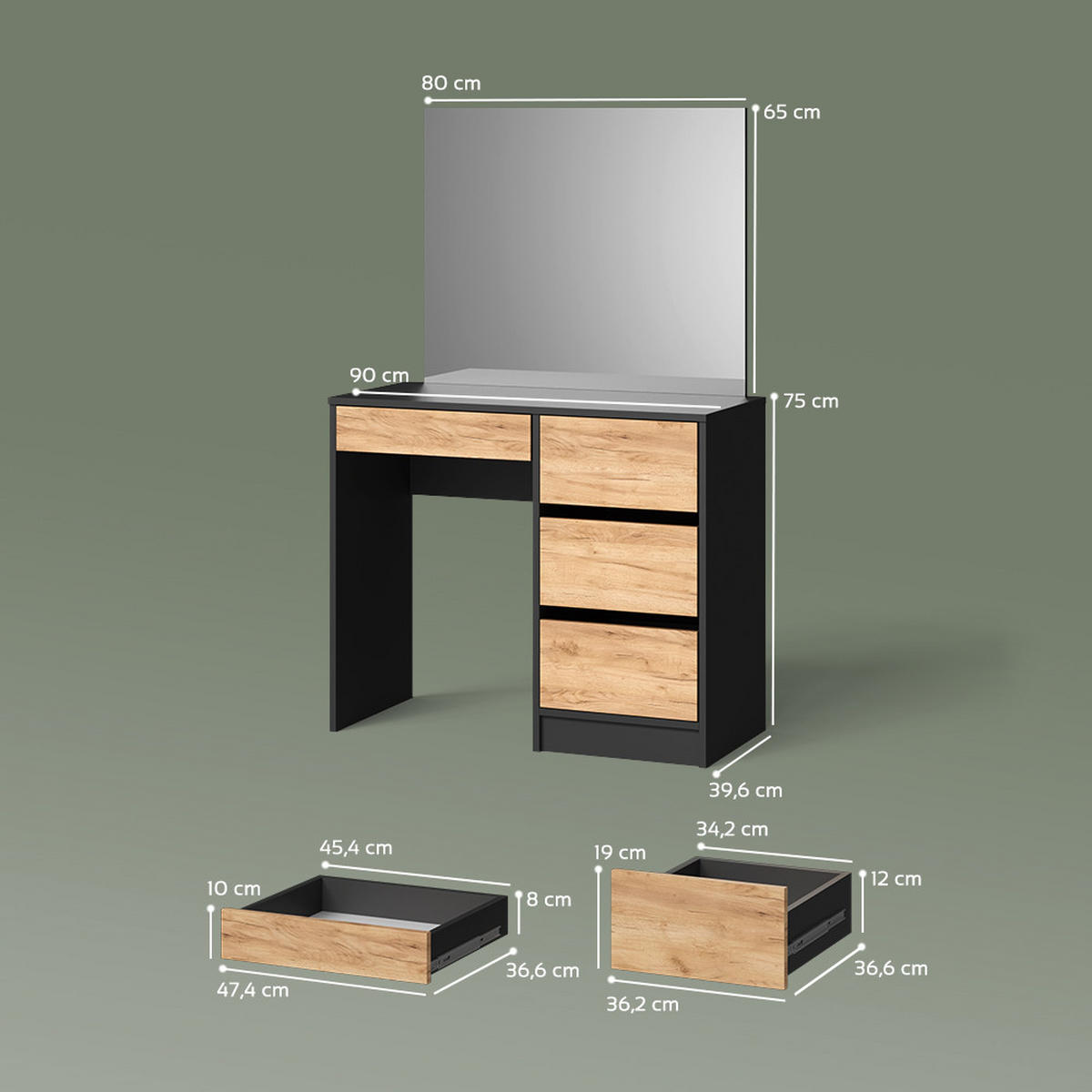 SCHMINKTISCH Imola Anthrazit/Goldkraft Eiche 120 cm - Anthrazit/Eiche Wotan, Holzwerkstoff (120/75/55cm) - Livinity®