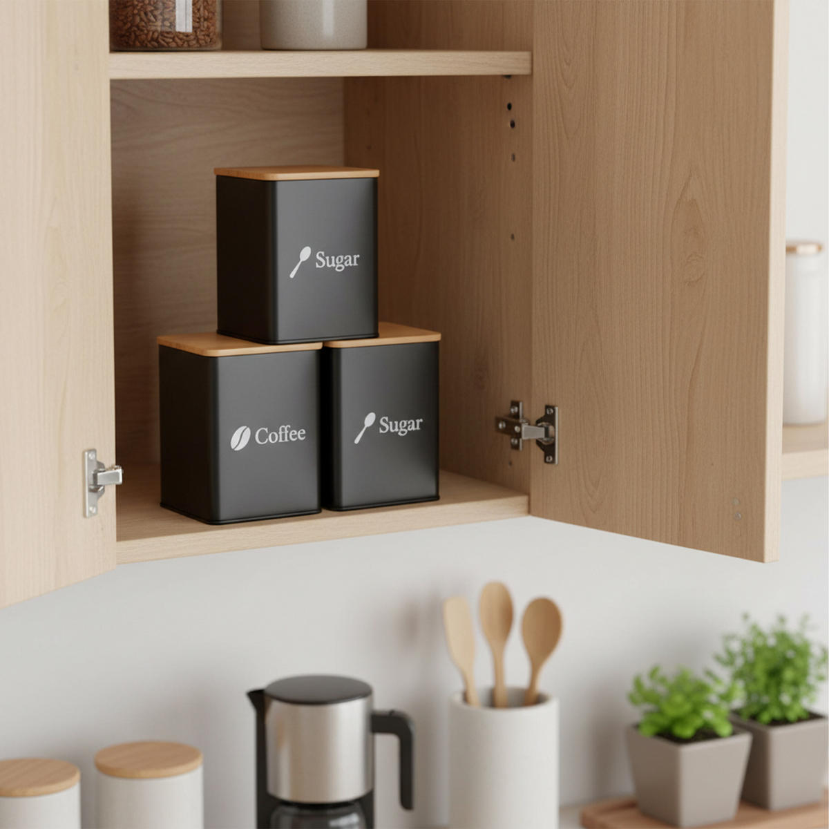 3XDÓZY na potraviny - černá, kov/dřevo - Relaxdays