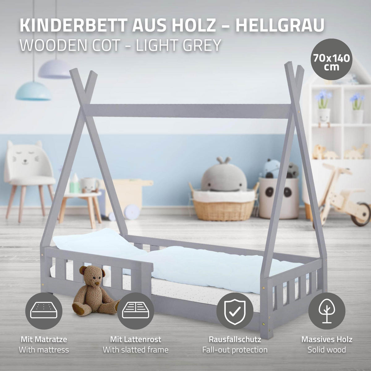 KINDERBETT Tipi mit Matratze 70x140 cm Hellgrau - Hellgrau, Holz (70/140cm) - ML-DESIGN