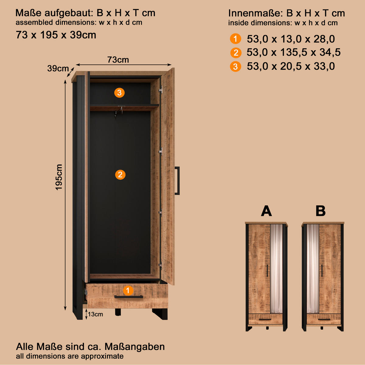 GARDEROBENSCHRANK Mango, schwarz 73 x 195 cm, Garderobe mit Spiegel - Schwarz/Naturfarben, Glas/Holzwerkstoff (73/195/39cm) - Top.Furn