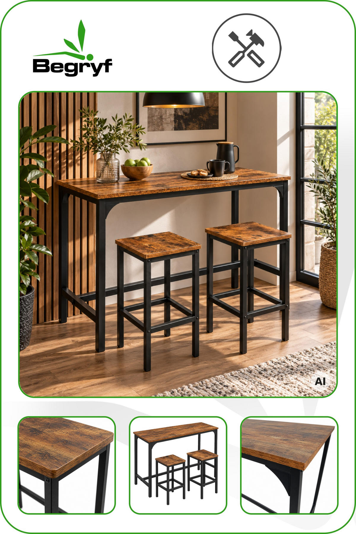 BARTISCH mit 2 Barhockern 3-teiliges Set Industrial Rustikal Braun Schwarz 108x50x90 cm - Dunkelbraun/Schwarz, Holzwerkstoff/Metall (108/90/50cm) - Begryf