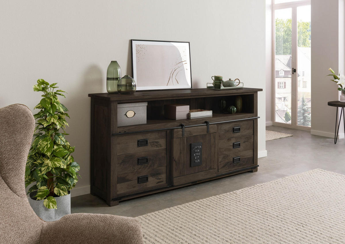 SIDEBOARD Mango 180x45x90 grau lackiert RAILWAY #267 - Grau, Holz (180/90/45cm) - Massivmoebel24