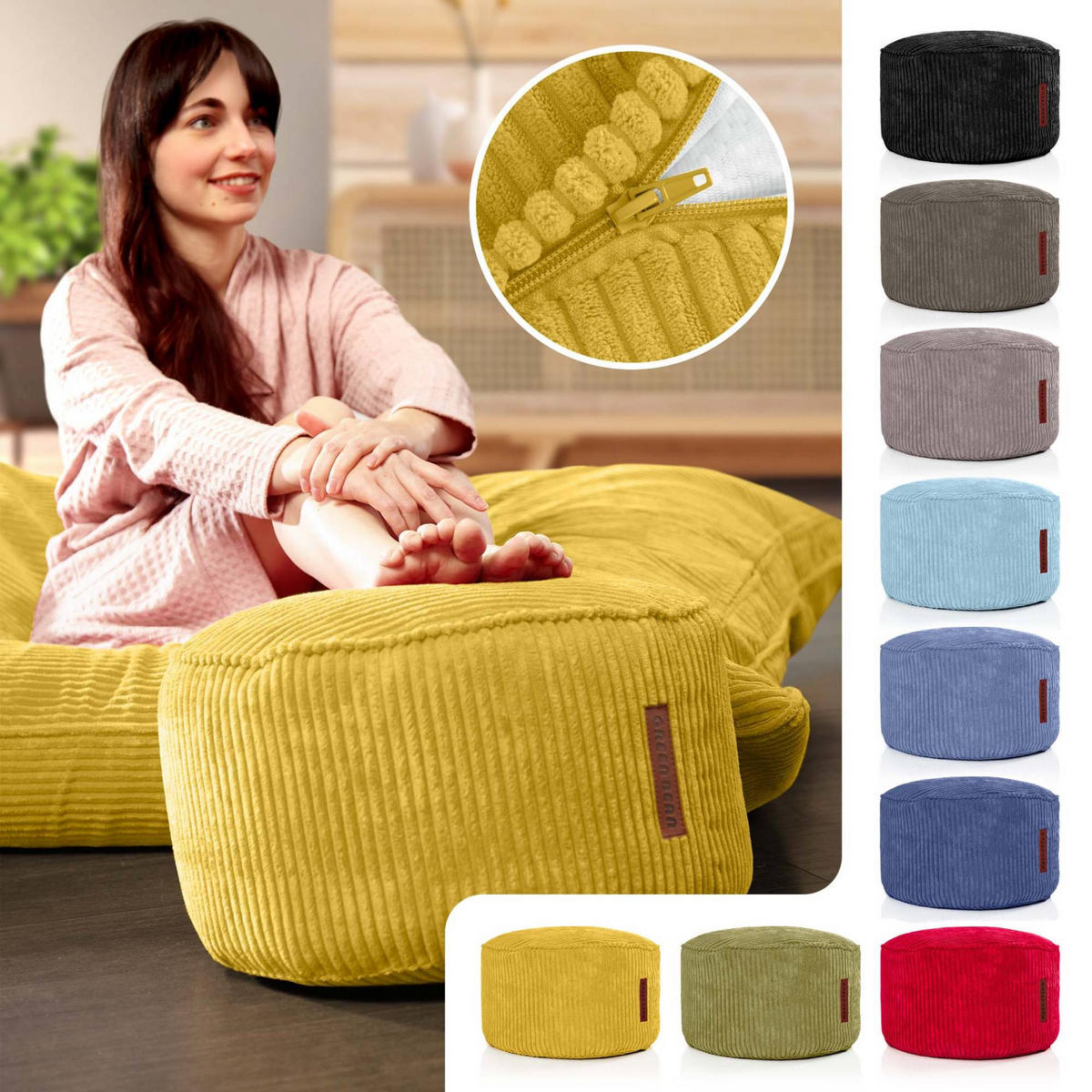 SITZSACK-HOCKER Pouf "Cord" 45x25cm - Gelb, Textil (45/25/45cm) - Green Bean