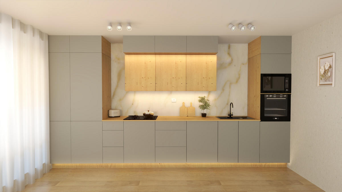 KÜCHENZEILE 460 cm - Nexa KÜ-LN-003 - in Beige & Woodline / Matt - Beige/Schwarz, Holz/Metall (460/212/58cm) - ROYAL24_MARKT