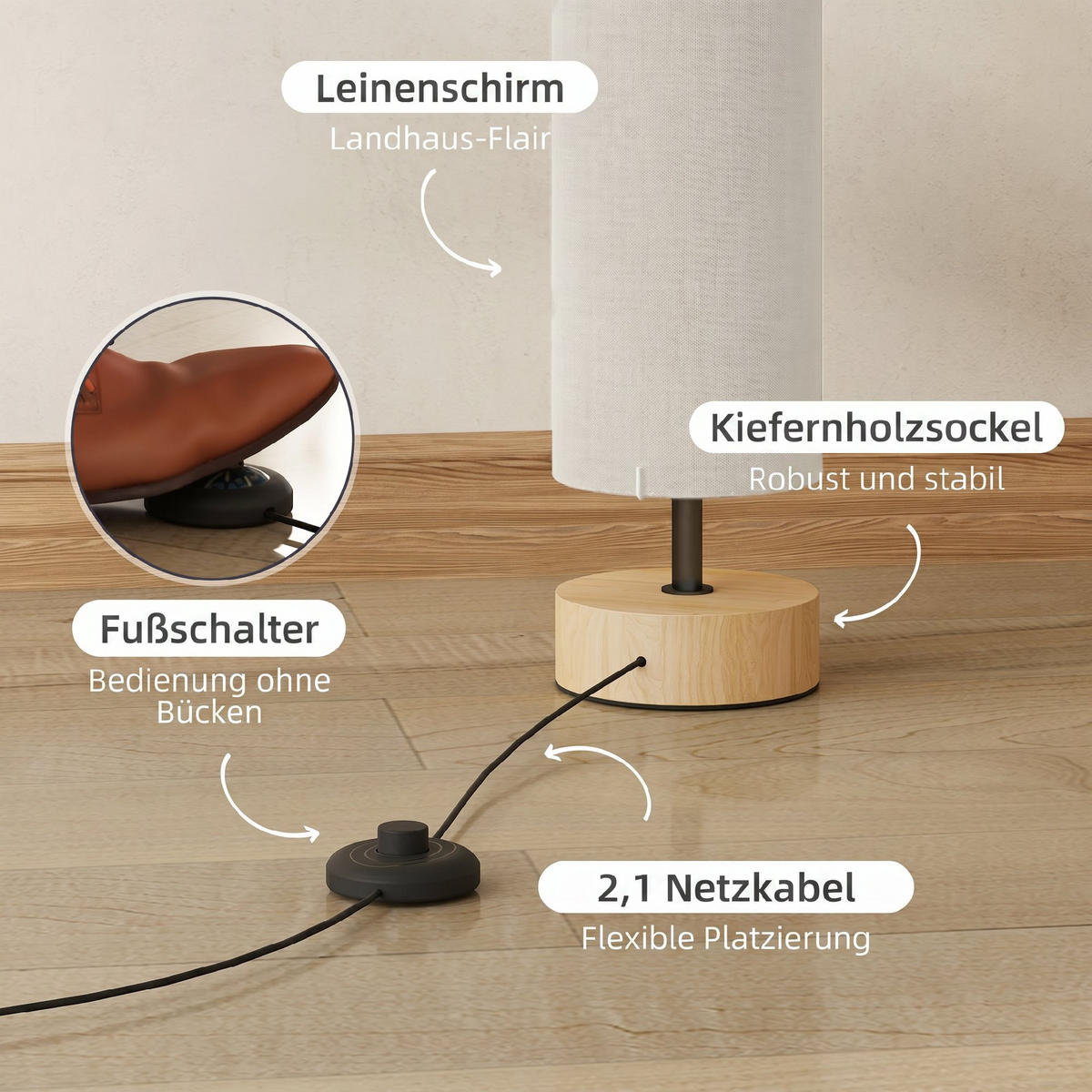 STÅENDE lampa i linne, beige - Beige, Textil (15/15/120cm) - HOMCOM