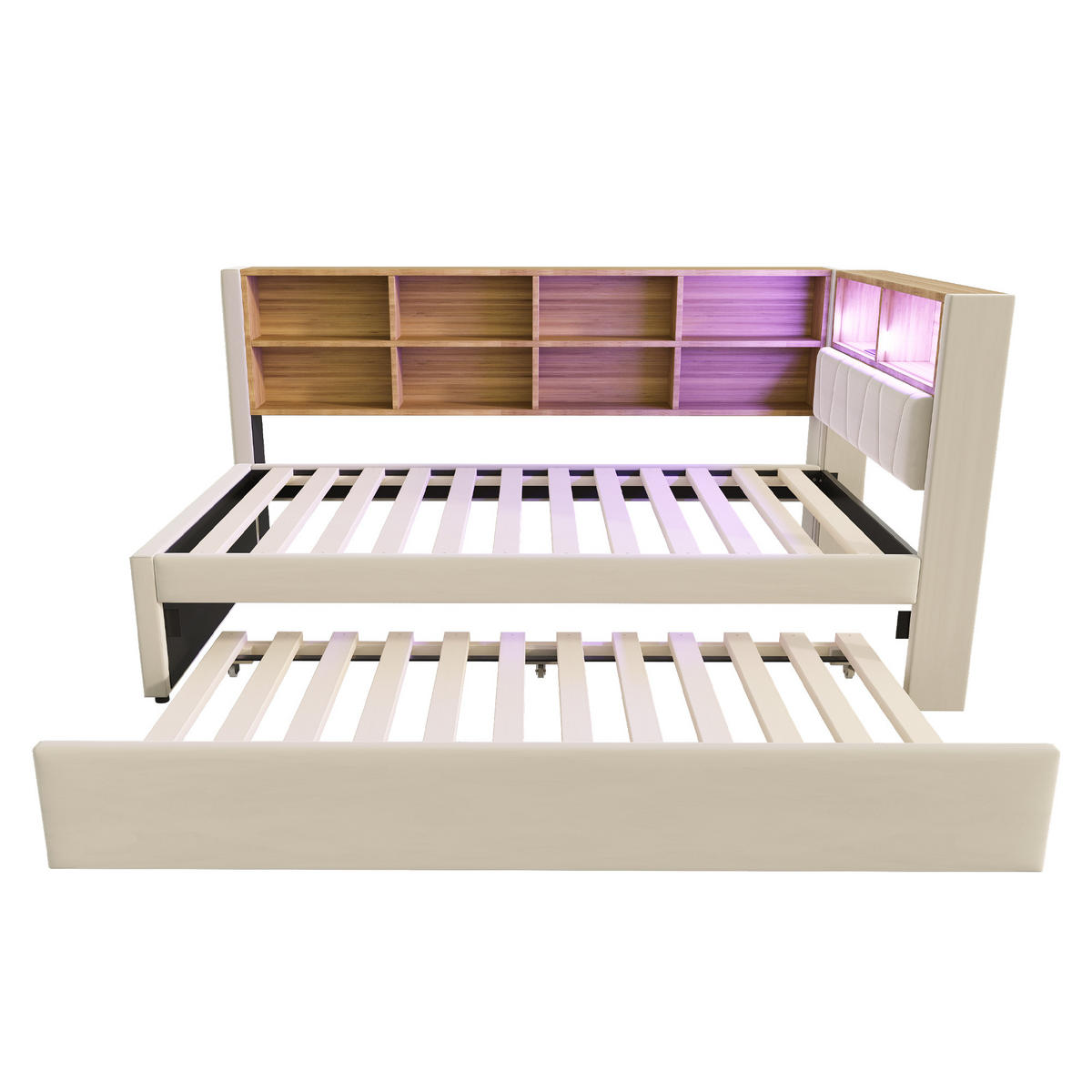 AUSZIEHBETT 90/200 cm Flanell Beige mit LED-Beleuchtung und Ladeanschlüssen - Beige, Textil (90/200cm) - OKWISH