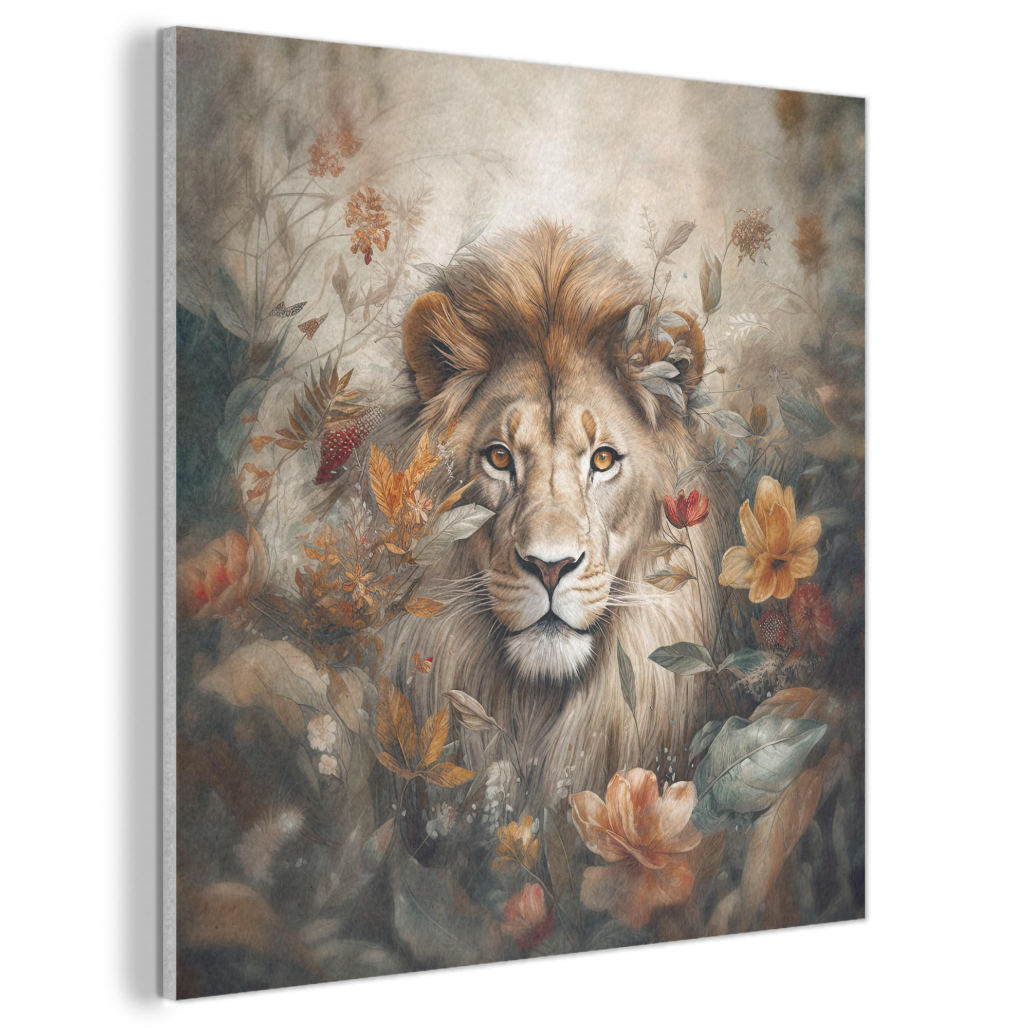 AKUSTIKBILD Löwe - Wildtiere - Pflanzen - Natur - Blumen Akustikpaneele 90x90 cm - Beige, Kunststoff (90/90/0.9cm) - MuchoWow
