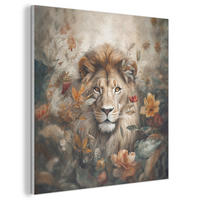AKUSTIKBILD Löwe - Wildtiere - Pflanzen - Natur - Blumen Wandbilder 60x60 cm - Beige, Kunststoff (60/60/0.9cm) - MuchoWow