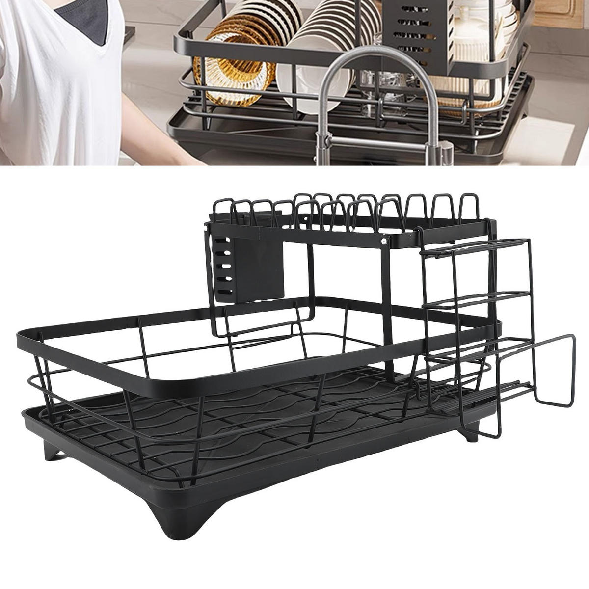 ABTROPFGESTELL 2 Etagen Edelstahl Schwarz – Großes Geschirrabtropfregal, rostfrei, multifunktionaler Küchen Organizer für Teller & Besteck - Schwarz, Metall (32/14/43cm) - Ej. Life