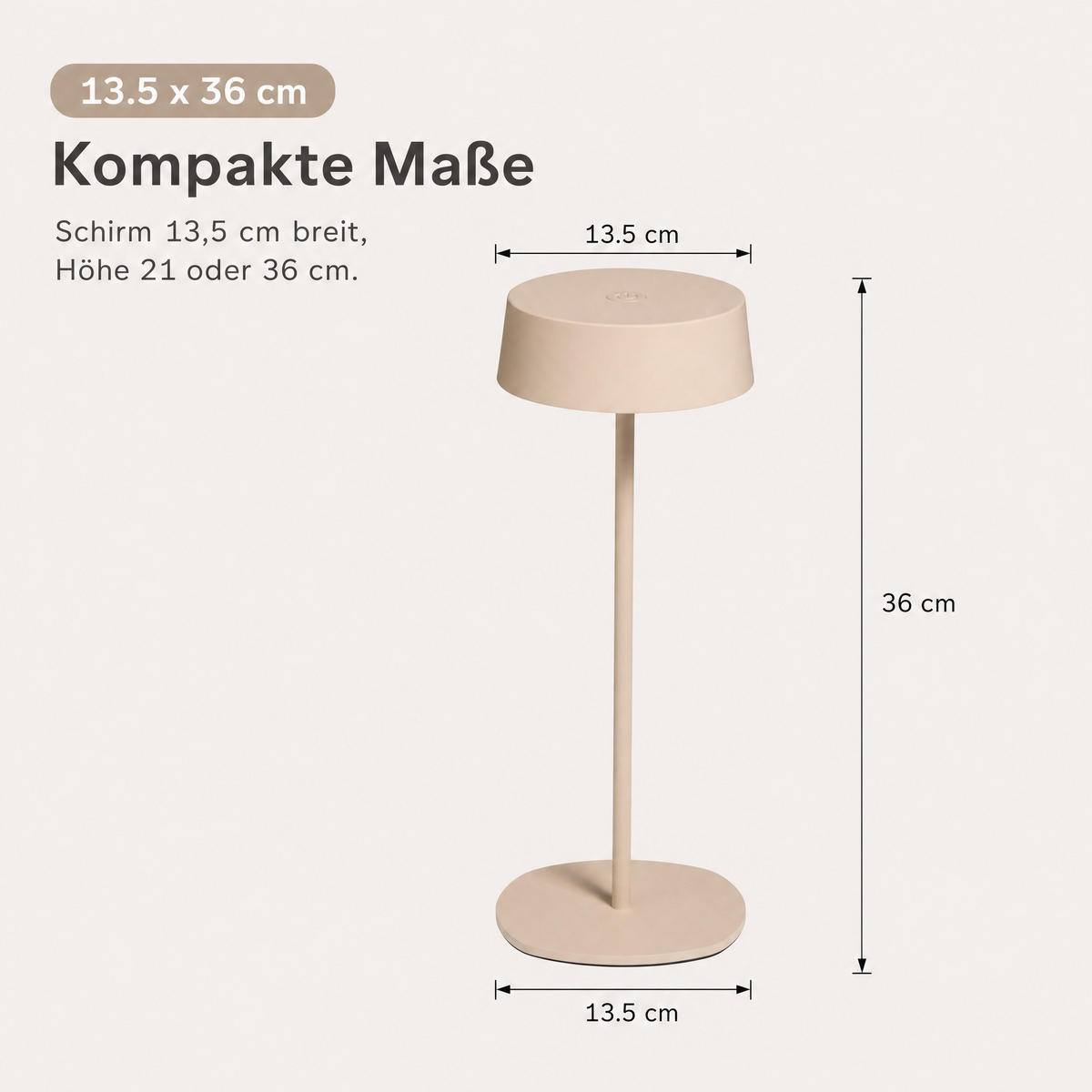 LED-TISCHLEUCHTE - dimmbar, kabellos, IP54, Metallgehäuse, für Innen- und Außenbereich, beige, höhenverstellbar - Beige, Metall (13.5/13.5/36cm) - Northpoint