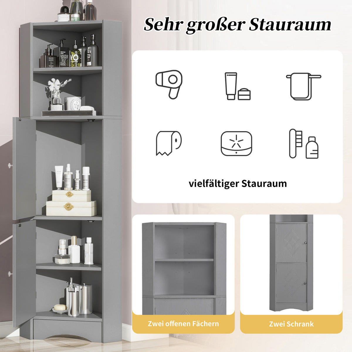 HOCHSCHRANK ,Badschrank Grau mit Türen offenen Fächern - Grau, Holz (36/155/36cm) - PARAFTA HOME