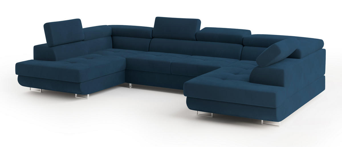 WOHNLANDSCHAFT RAGGIO Blau Velours-Stoff mit Schlaffunktion - Blau, Holz (336/90/202cm) - MASSENO