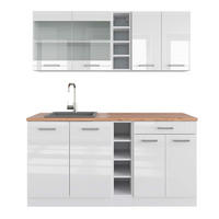 SINGLEKÜCHE R-Line Weiß Hochglanz/Weiß 160 cm, AP Eiche - Weiß Hochglanz/Weiß, Holzwerkstoff (160/81.6/60cm) - Vicco