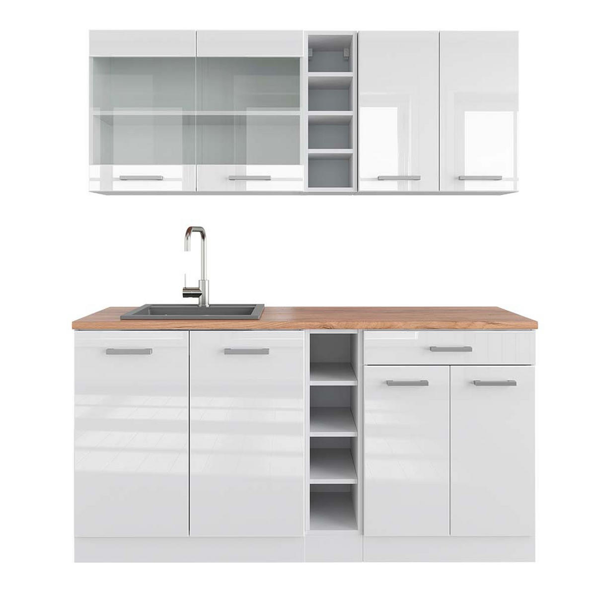 SINGLEKÜCHE R-Line Weiß Hochglanz/Weiß 160 cm, AP Eiche - Weiß Hochglanz/Weiß, Holzwerkstoff (160/81.6/60cm) - Vicco