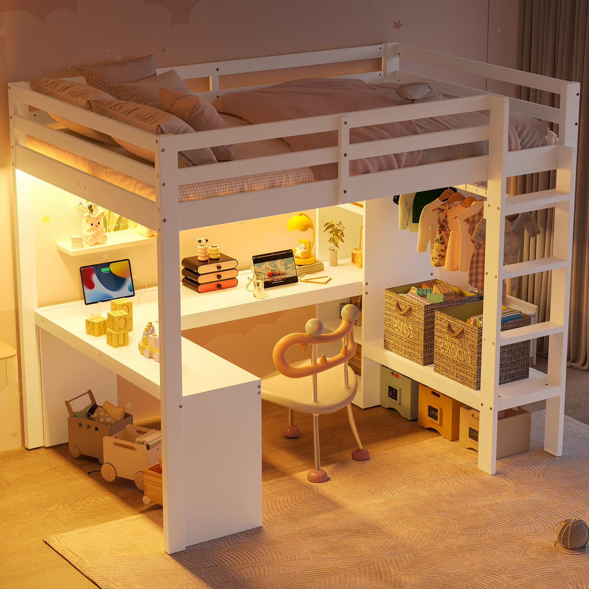 HOCHBETT 140/200 cm in Weiß mit Regal, Schreibtisch, LED und USB - Weiß, Holzwerkstoff (140/200cm) - STILVORA