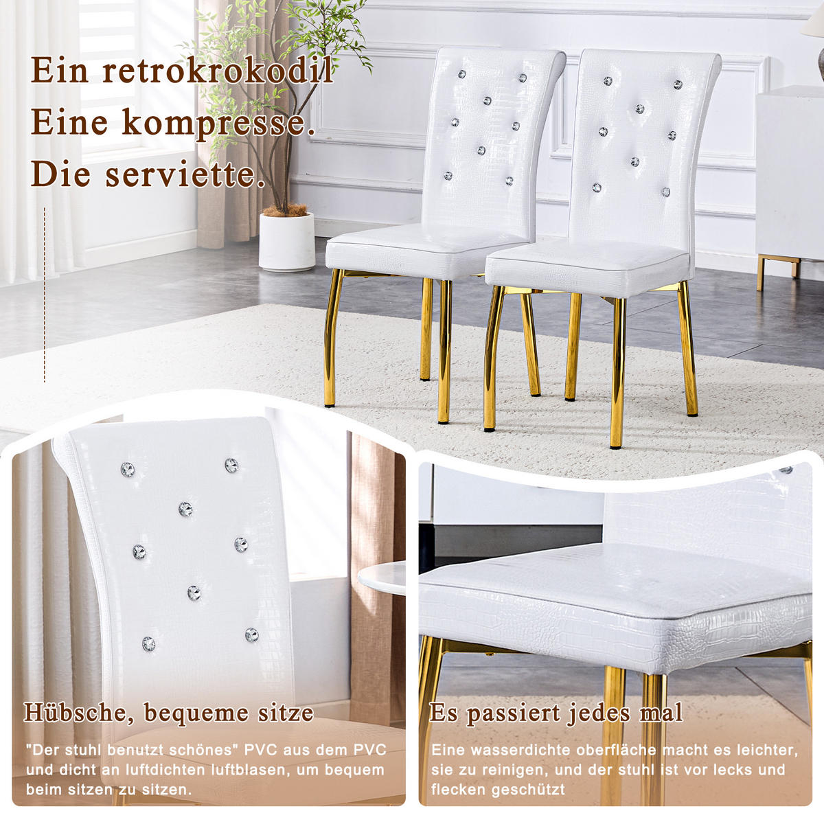 STUHL-SET DE-36774 2 Stück mit Krokodil-Prägung und vergoldeten Metallbeinen Schwarz - Weiß, Metall (42/101/61.5cm) - ComfortXL