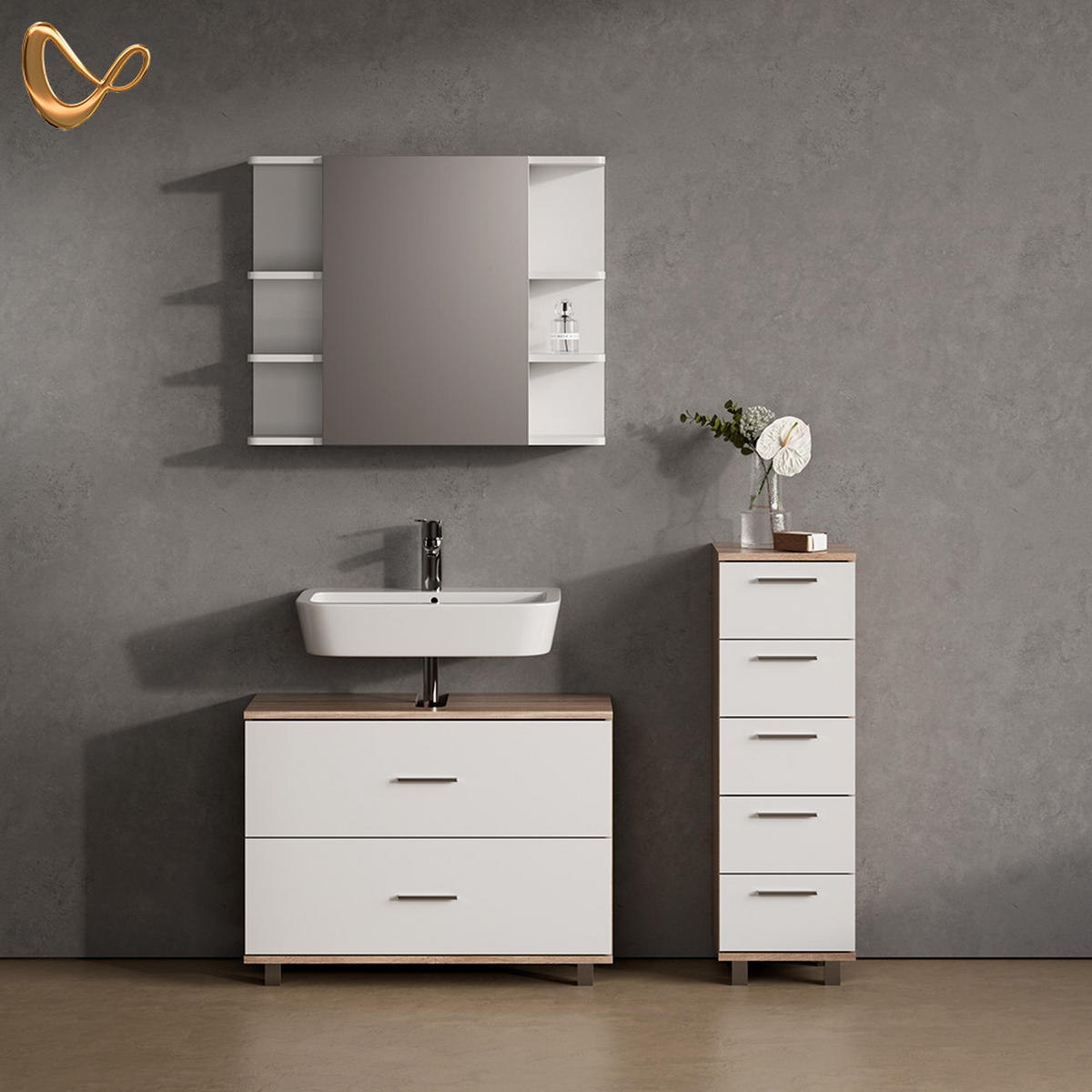 BADMÖBEL-SET Eisak Weiß/Sonoma 3 Teile, mit Unterschrank 80 cm - Weiß/Sonoma Eiche, Holzwerkstoff (80/60/33cm) - Livinity®