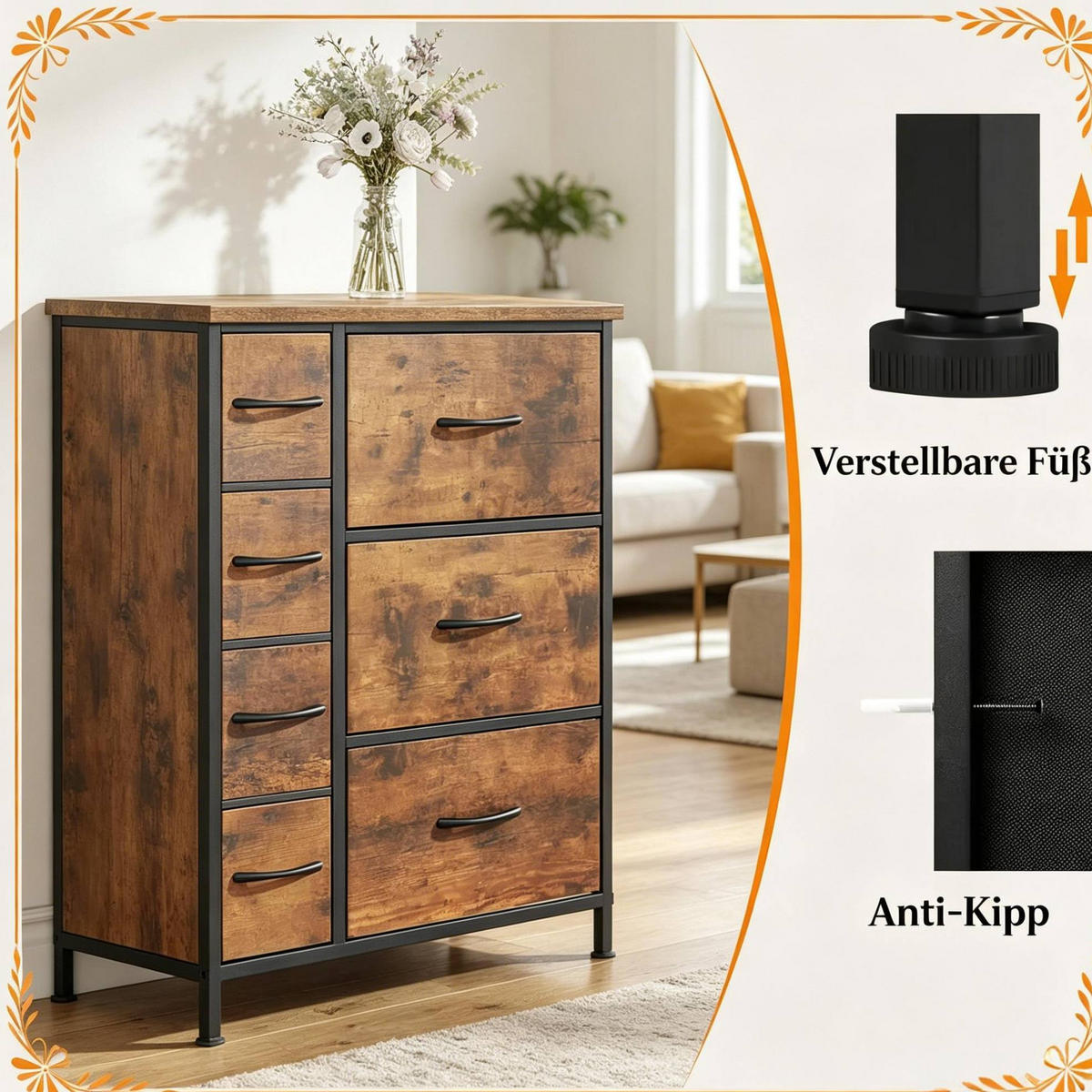KOMMODE in Rustikalbraun und Schwarz 63,5x30x73 cm mit 7 Stoffschubladen - Braun, Holz (30/73/63.5cm) - IVMEU