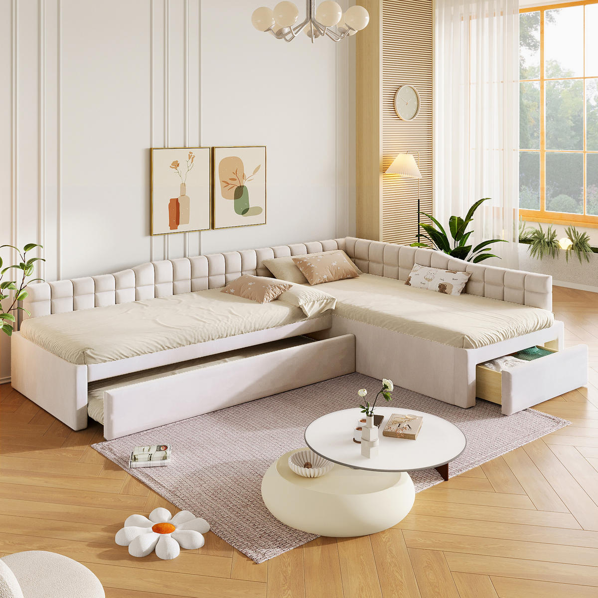 POLSTERBETT 90/200 cm & 90/200 cm in Beige mit Ausziehbett, Schubladen und Samtbezug - Beige, Holzwerkstoff/Textil (90/200cm) - STILVORA