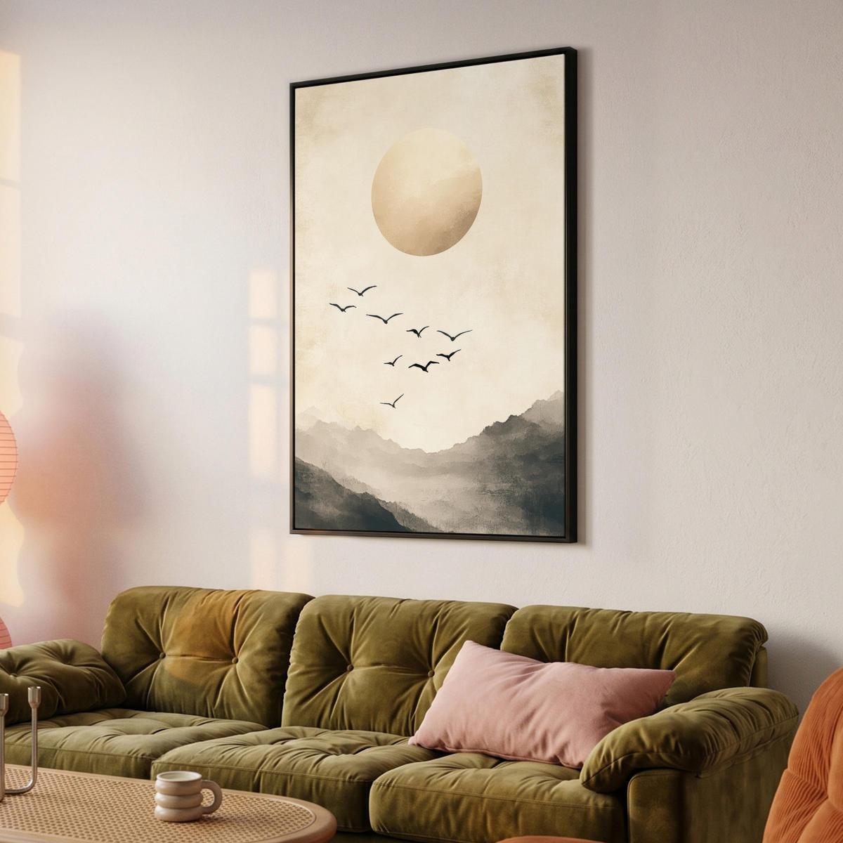 LEINWAND Bilder mit Rahmen - Landschaft - Japandi - Vogel - 100x150 - Beige, Textil (100/150cm) - MuchoWow