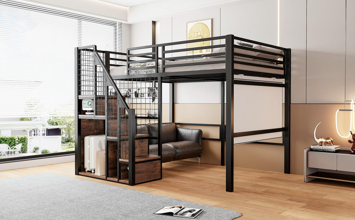 HOCHBETT 140x200 cm Metall Leiter Ablage schwarz - Schwarz, Metall (140/200cm) - LEBENLANG