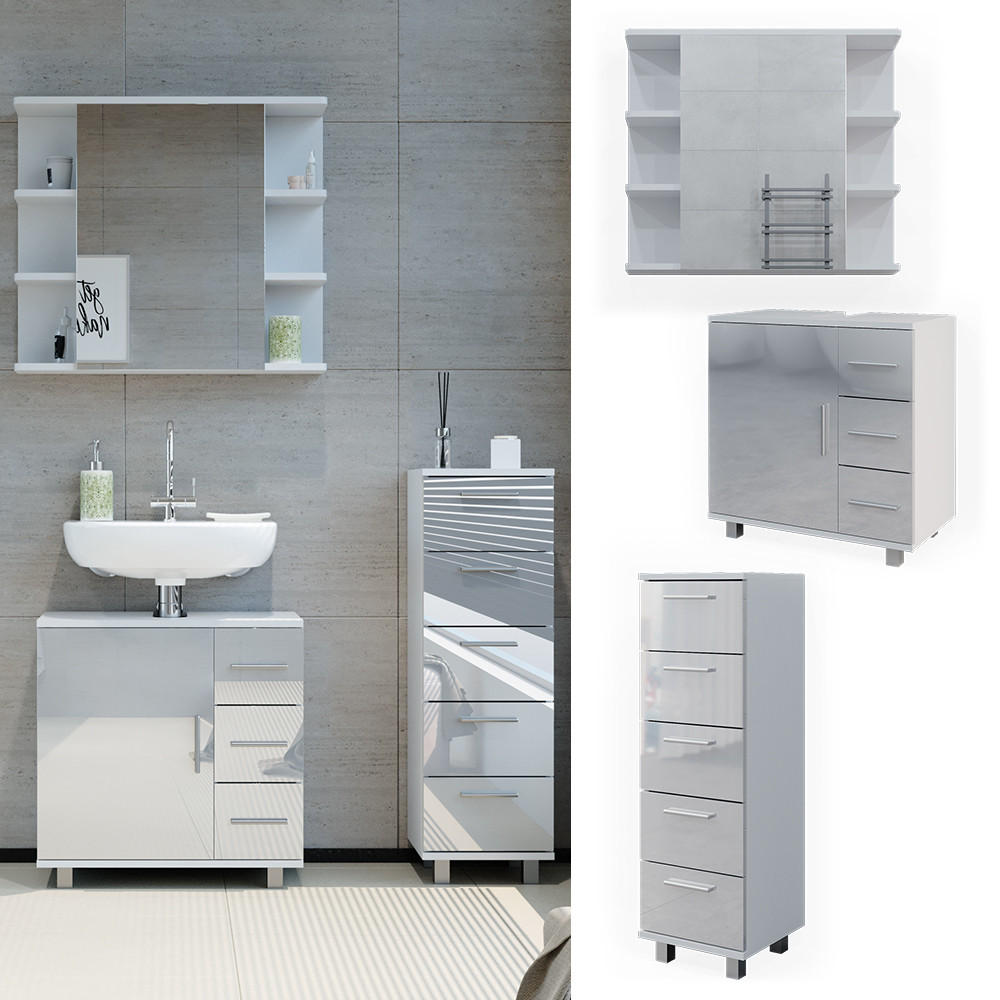 BADMÖBEL-SET Ilias Weiß Hochglanz 3 Teile, mit Midischrank - Weiß Hochglanz/Weiß, Holzwerkstoff (60/60.8/33cm) - Vicco