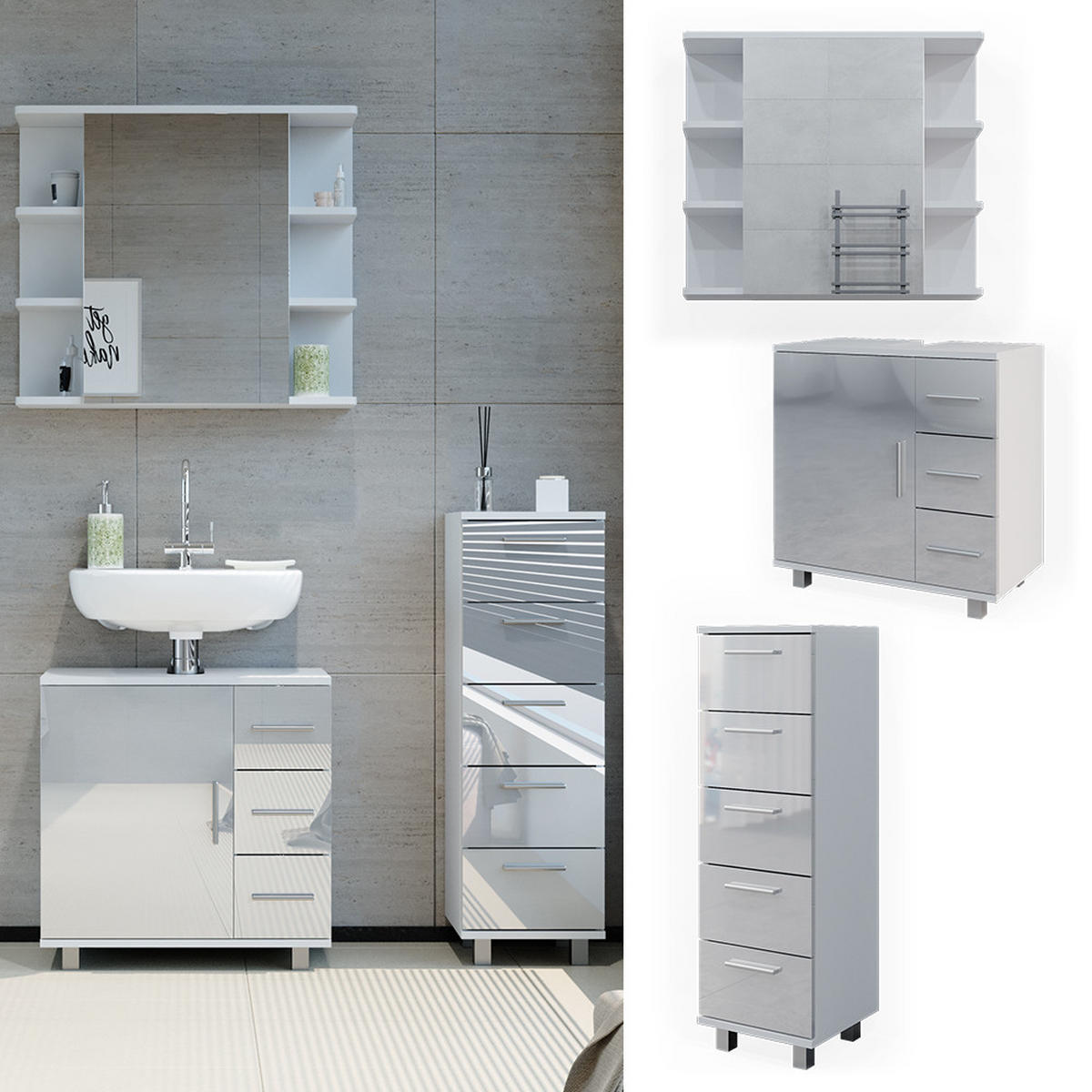 BADMÖBEL-SET Ilias Weiß Hochglanz 3 Teile, mit Midischrank - Weiß Hochglanz/Weiß, Holzwerkstoff (60/60.8/33cm) - Vicco
