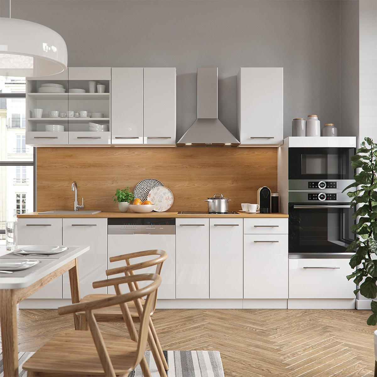 PENTRY Fame-Line Vit högblank/vit 300 cm med högskåp, utan bänkskiva - Vit/Vit högglans, Träbaserade material (300/153.6/46cm) - Vicco