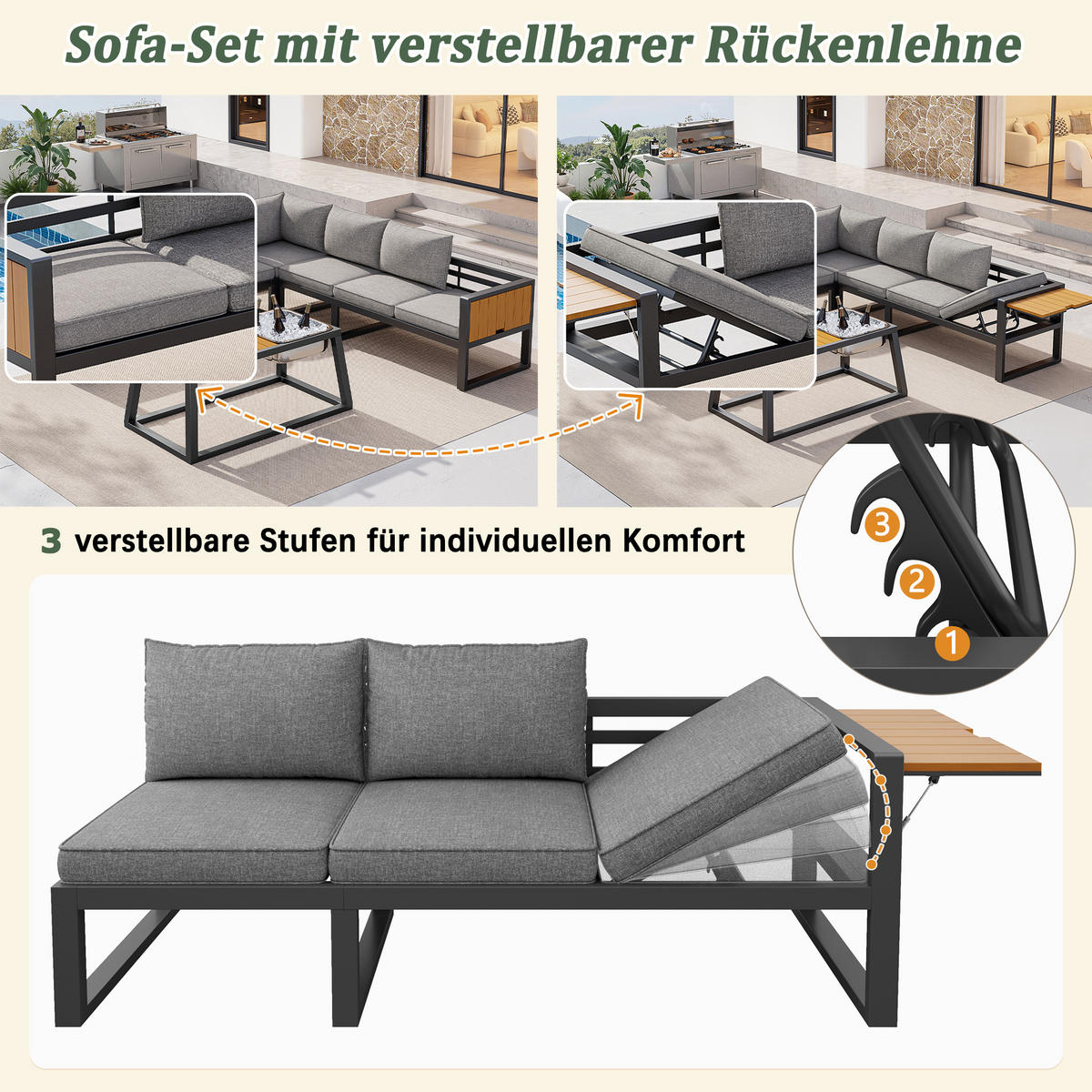 MODULARES OUTDOOR-SOFA-SET Grau/Beige - Grau, Metall - ComfortXL