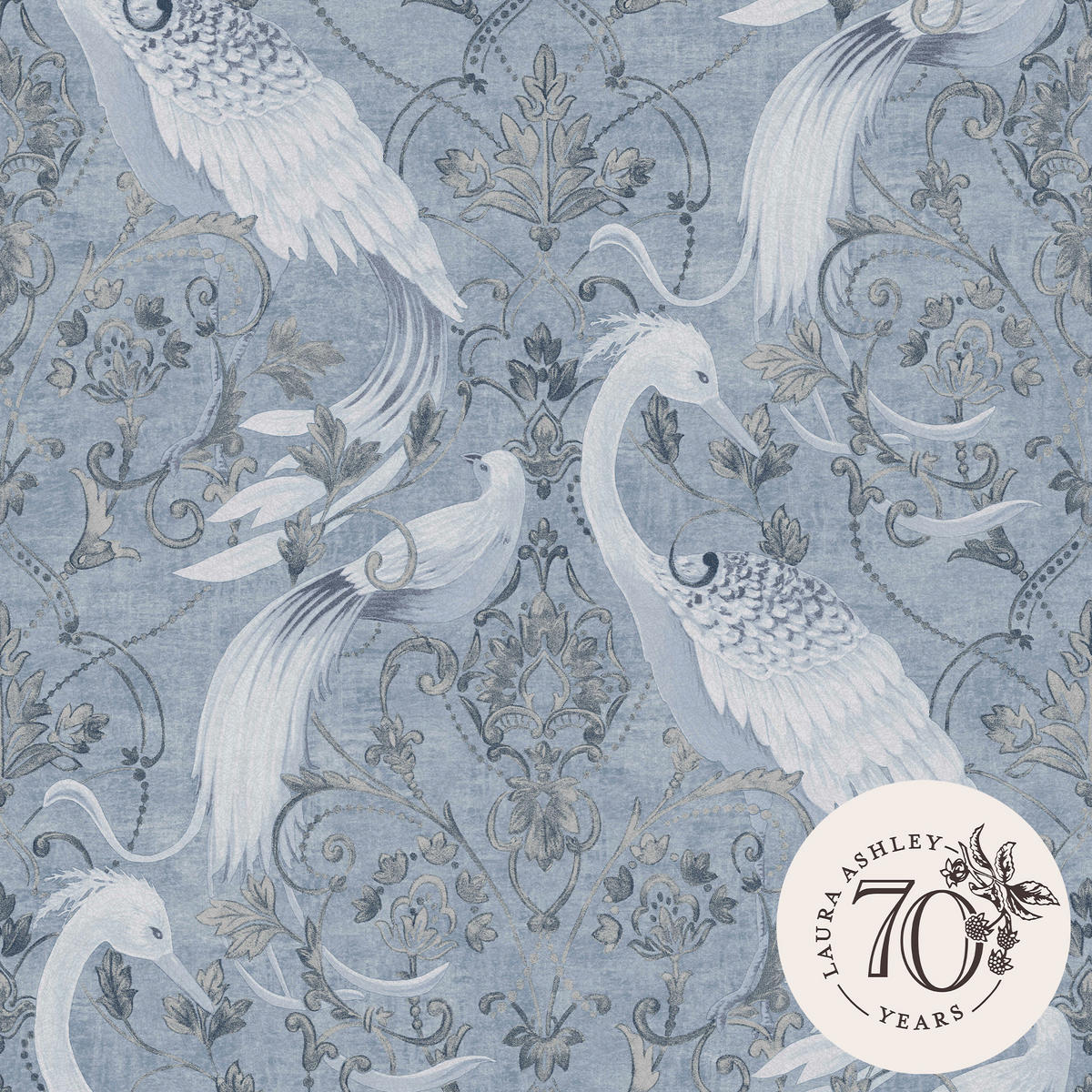 VLIESTAPETE Tregaron Midnight Blue | Blau | Damastmuster mit Kranichen | 10mx52cm - Blau, Papier/Kunststoff (52/1000cm) - Graham & Brown