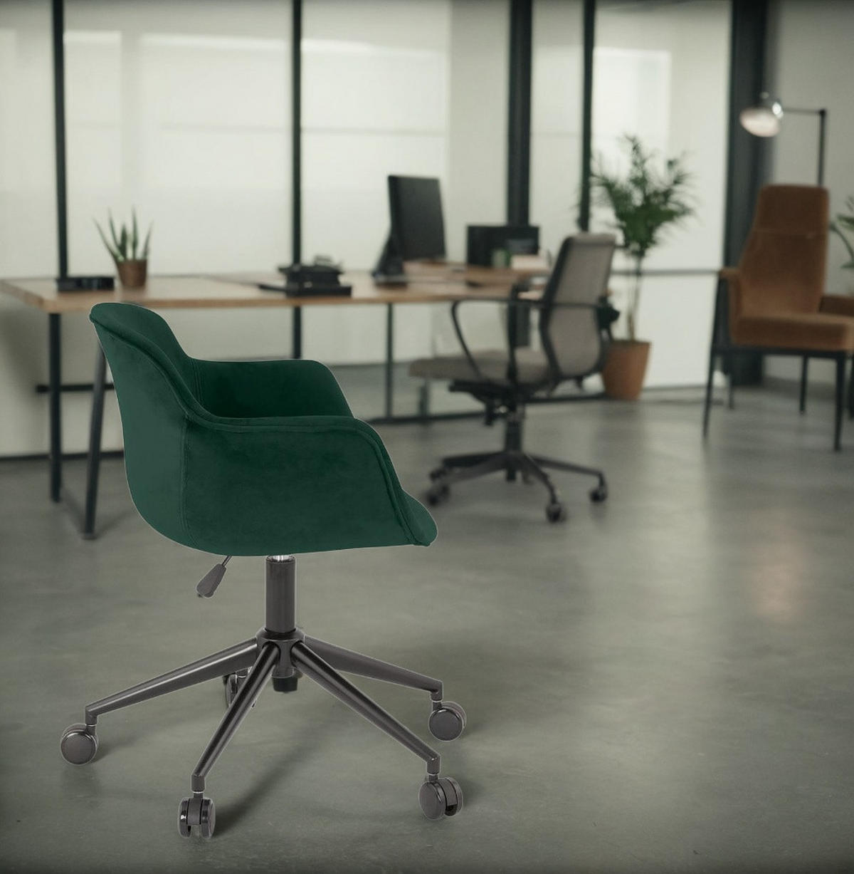 BÜROSTUHL Samt mit Rollen, 360° drehbar und höhenverstellbar PILANO, Grün 54x59x80 cm - Schwarz/Grün, Textil/Metall (59/80/54cm) - KADIMA DESIGN