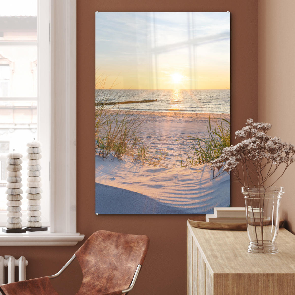 ACRYLGLASBILD Strand - Sonne - Düne - Gras - Sand - Horizont 60x90 cm - Hellblau, Glas (60/90cm) - MuchoWow