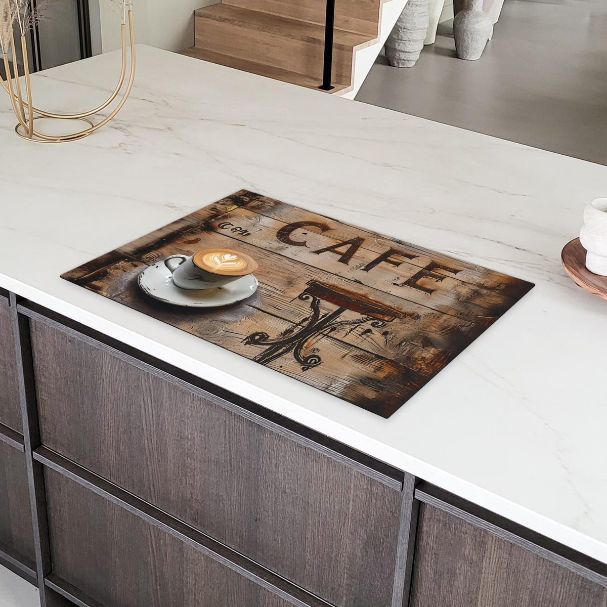 HERDABDECKPLATTE Cafe - Holz - Kaffee - Regale Induktionsmatte 81x52 cm - Schwarz, Kunststoff (81/52/0.2cm) - MuchoWow