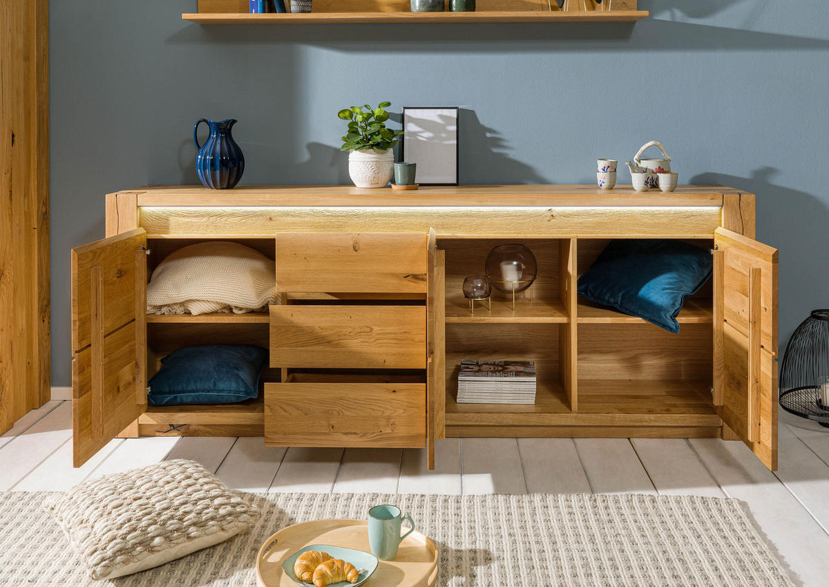 SIDEBOARD Wildeiche 223x40x85 natur geölt KENT #131 - Braun, Holz (223/85/40cm) - Massivmoebel24