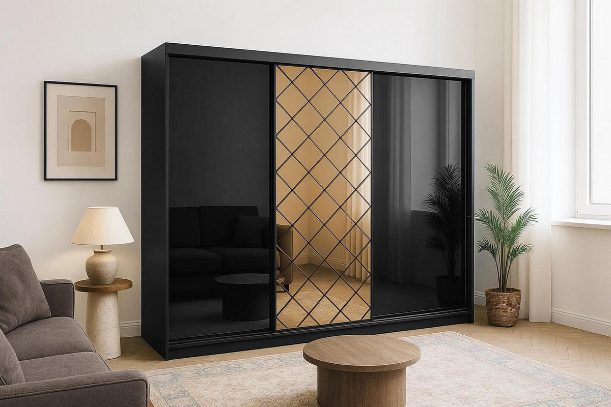 KLEIDERSCHRANK Karo 250 Schwarz, dreitüriger Schiebeschrank mit Spiegel - Schwarz, Holzwerkstoff (250/216/62cm) - Bettso