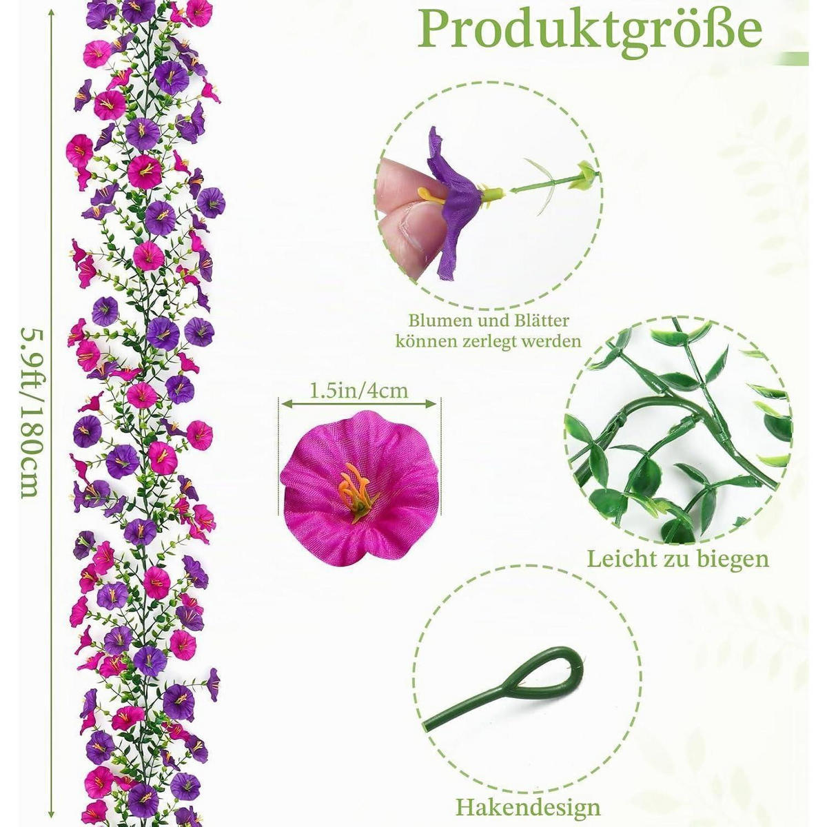 BLUMENGIRLANDE 2-teiliges Set 1.8M Lila Fuchsie - Multicolor, Kunststoff (180cm)