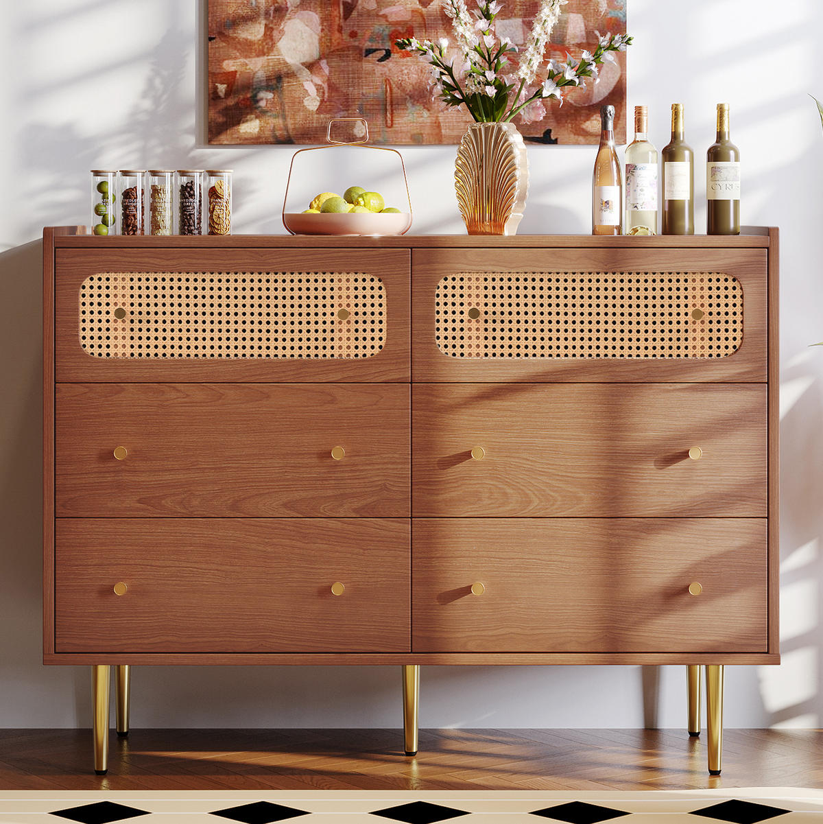 KOMMODE 120/90/40 cm Nussbaum aus Spanplatte, Metall und MDF mit 6 Schubladen - Naturfarben, Metall (40/90/120cm) - OKMYHOME