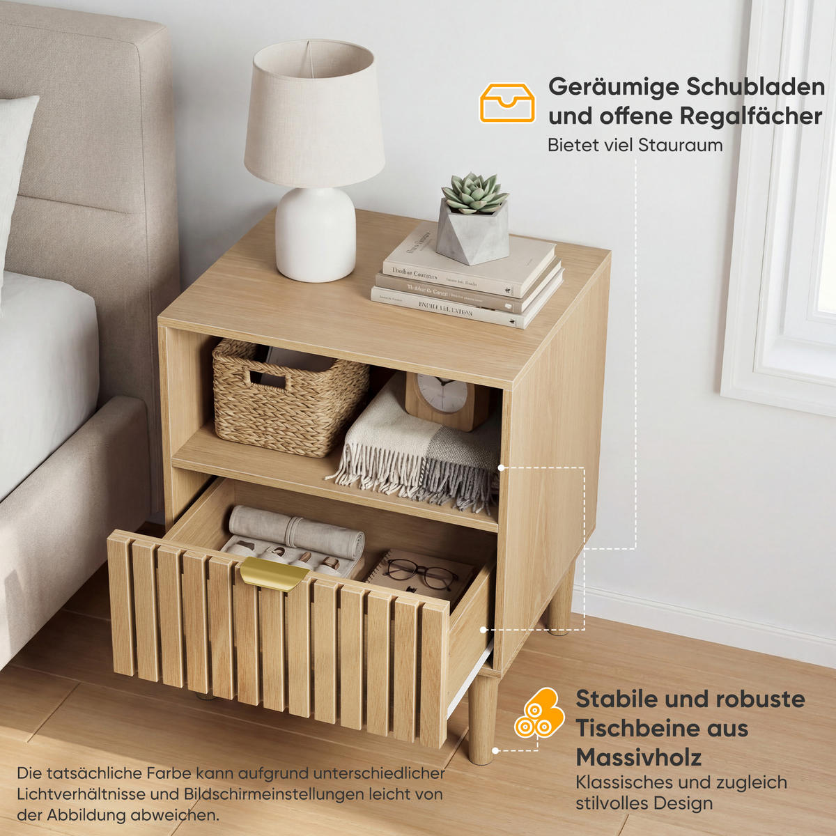 NACHTTISCH eichen-optik & latten-design mit 1 schublade & offenem fach - Eichefarben, Holzwerkstoff (45/56/39cm) - Urban Meuble